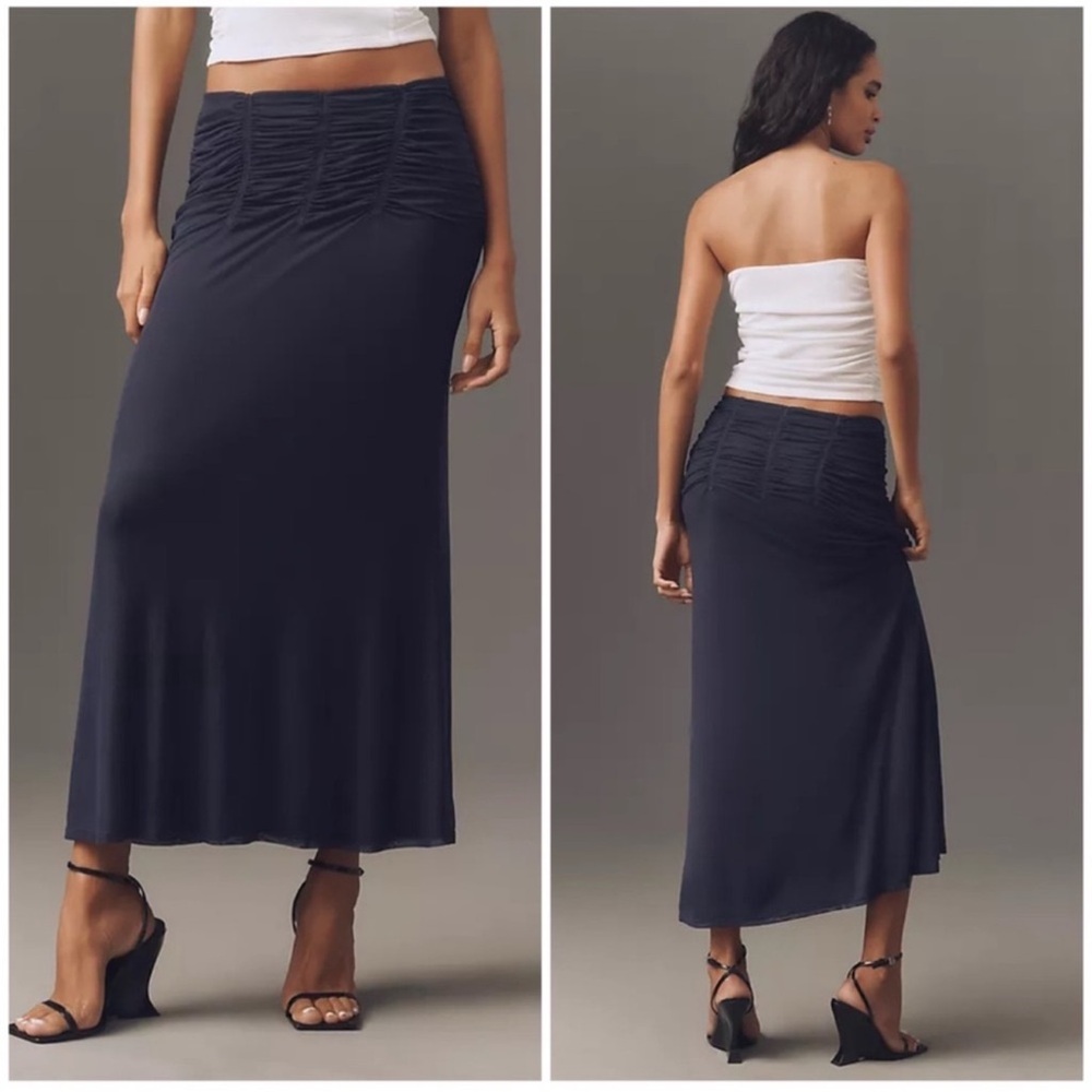 Anthropologie Maeve Navy Blue Ruched Maxi Skirt